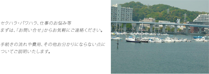 セクハラ・パワハラ、仕事のお悩み等「お問い合せ」からお気軽にご連絡ください。手続きの流れや費用、その他お分かりにならない点についてご説明いたします。